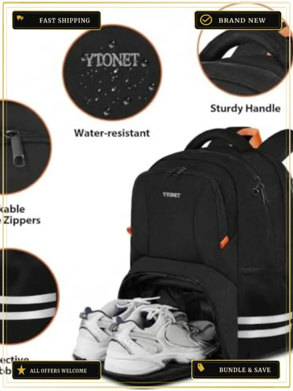 Large 40L Gym Backpack with Shoe Compartment, Water Resistant Polyester, Fits